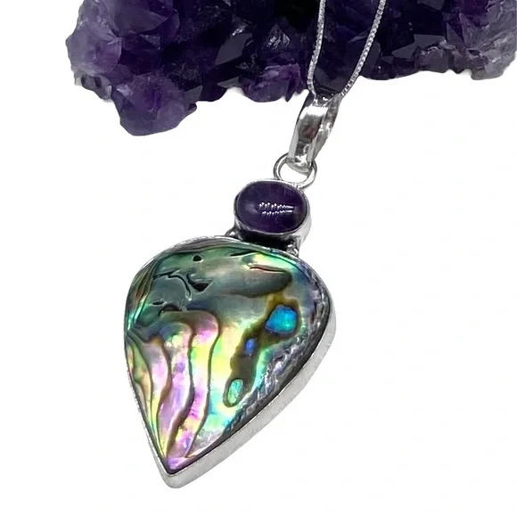 Abalone Shell & Amethyst Crystal Necklace Pendant Sterling Silver 925 Jewelry - Picture 1 of 7